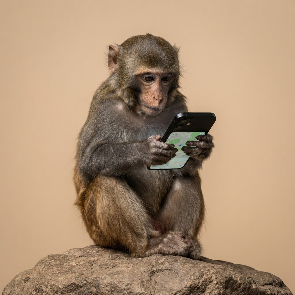 Monkey looking down at a smartphone, deciding to make a call