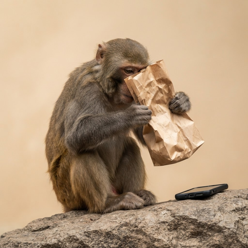 Monkey pulling a paper bag down over its head before making the call