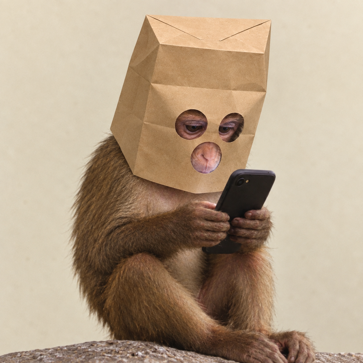 Monkey wearing a paper bag over its head with eye and nose holes cut out, holding a smartphone